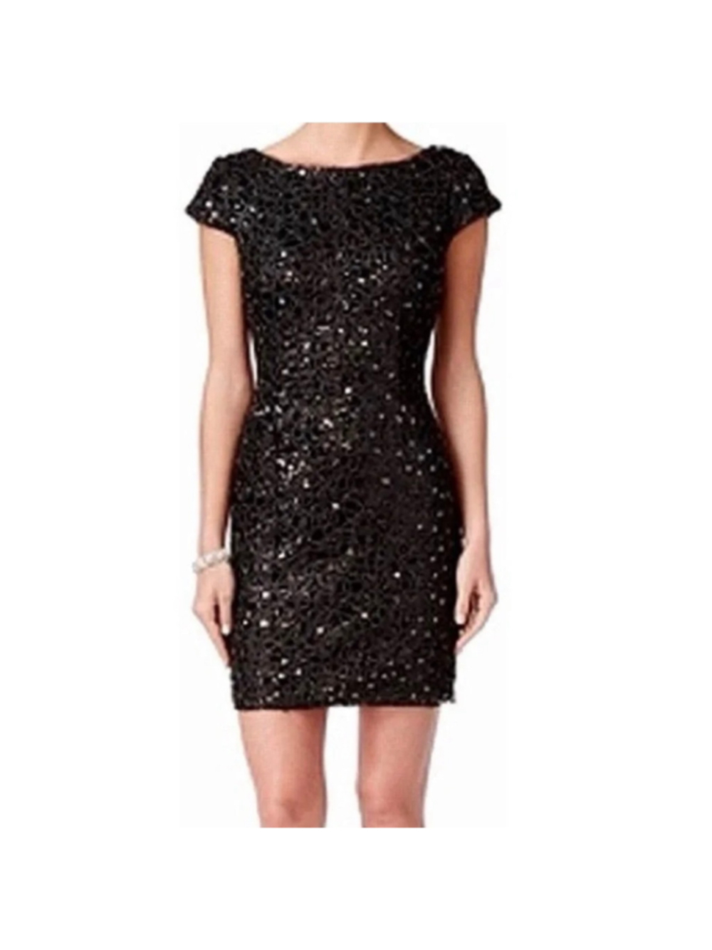Adrianna Papell Black Short Sleeve Sequin Lace Shift Dress Size 8 NEW with tags